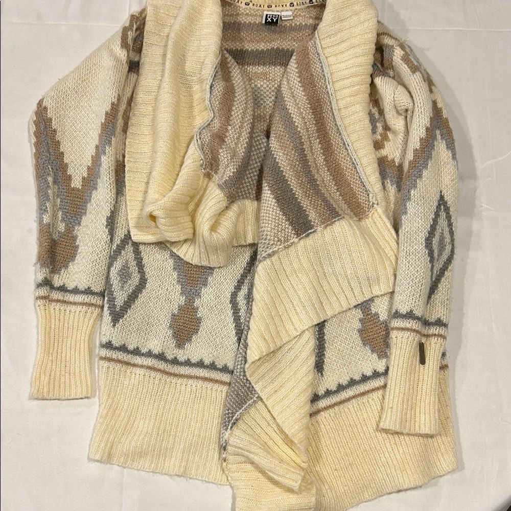 Roxy Beige and Brown Patterned Women's Open Cardigan Sweater Boho